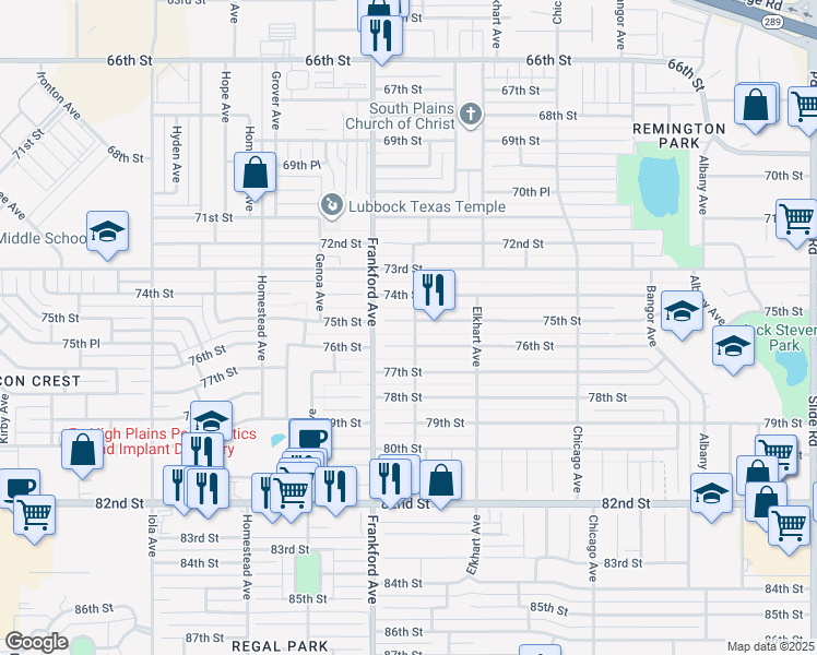 map of restaurants, bars, coffee shops, grocery stores, and more near 5722 76th Street in Lubbock