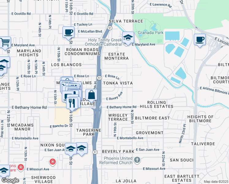 map of restaurants, bars, coffee shops, grocery stores, and more near 1902 East Rovey Avenue in Phoenix