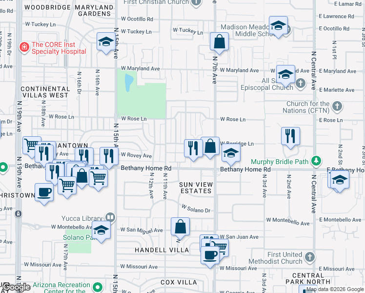 map of restaurants, bars, coffee shops, grocery stores, and more near 6030 North 10th Avenue in Phoenix