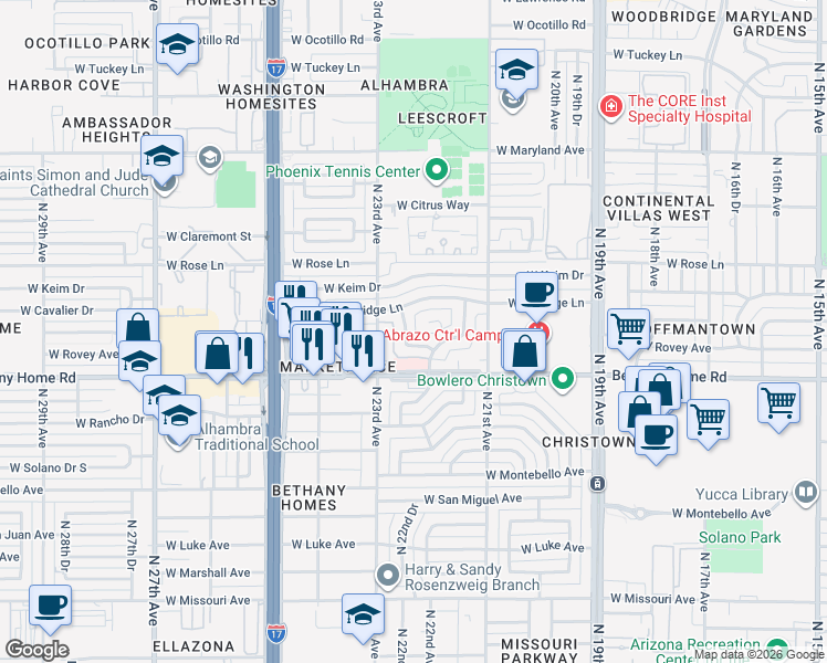 map of restaurants, bars, coffee shops, grocery stores, and more near 2217 West Rovey Avenue in Phoenix