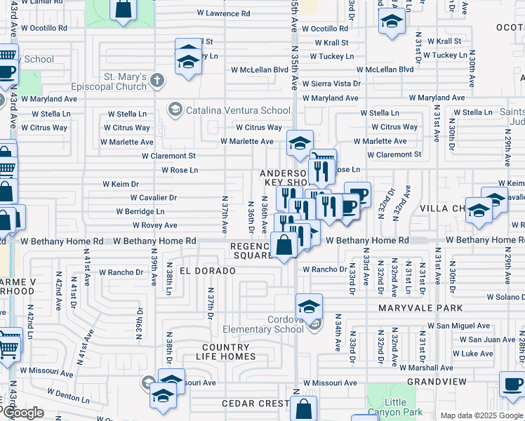 map of restaurants, bars, coffee shops, grocery stores, and more near 6016 North 36th Drive in Phoenix