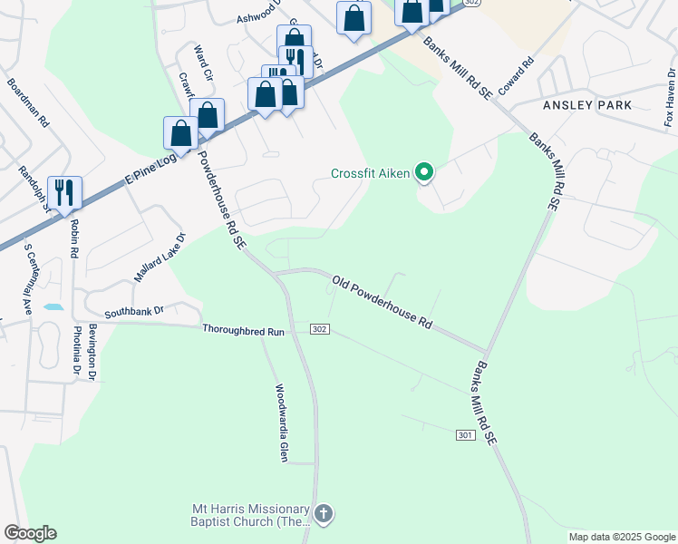 map of restaurants, bars, coffee shops, grocery stores, and more near 3037 Old Powderhouse Road in Aiken