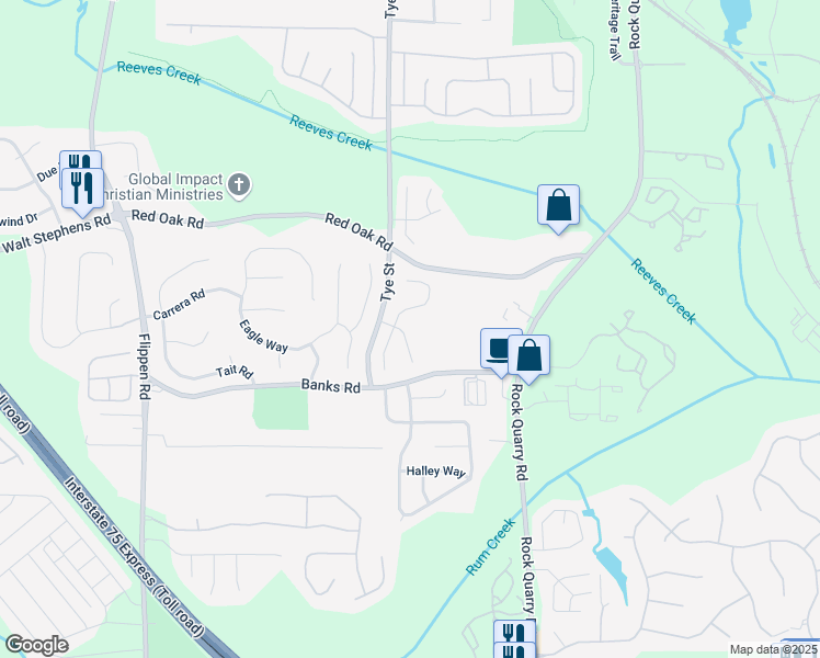 map of restaurants, bars, coffee shops, grocery stores, and more near 25 Bridlewood Court in Stockbridge