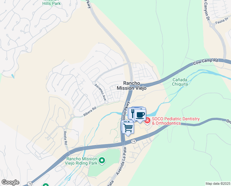 map of restaurants, bars, coffee shops, grocery stores, and more near 10 Piara Street in Ladera Ranch