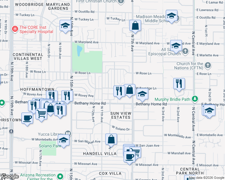 map of restaurants, bars, coffee shops, grocery stores, and more near 6030 North 10th Avenue in Phoenix
