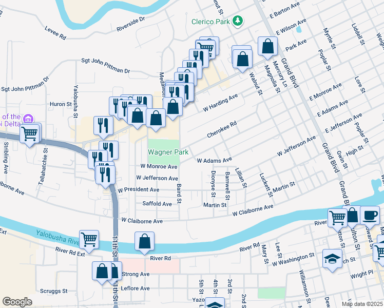 map of restaurants, bars, coffee shops, grocery stores, and more near Mobile Street in Greenwood
