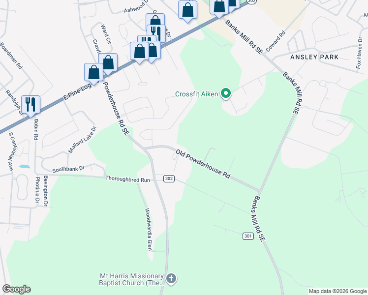 map of restaurants, bars, coffee shops, grocery stores, and more near 3033 Old Powderhouse Road in Aiken