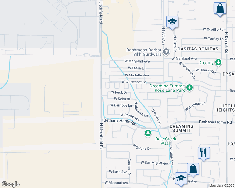 map of restaurants, bars, coffee shops, grocery stores, and more near 13807 West Peck Drive in Litchfield Park