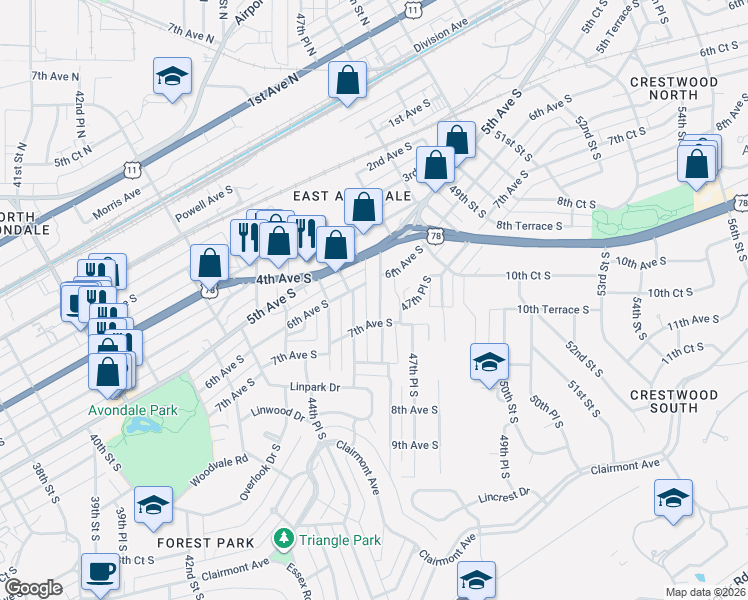 map of restaurants, bars, coffee shops, grocery stores, and more near 538 47th Street South in Birmingham