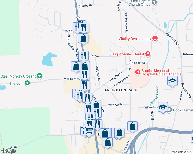 map of restaurants, bars, coffee shops, grocery stores, and more near 2615 McArthur Drive in Columbus