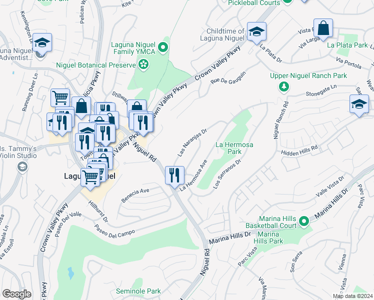 map of restaurants, bars, coffee shops, grocery stores, and more near 24216 Las Naranjas Drive in Laguna Niguel