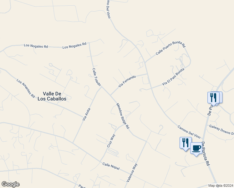 map of restaurants, bars, coffee shops, grocery stores, and more near 40995 Vía Fernando in Temecula