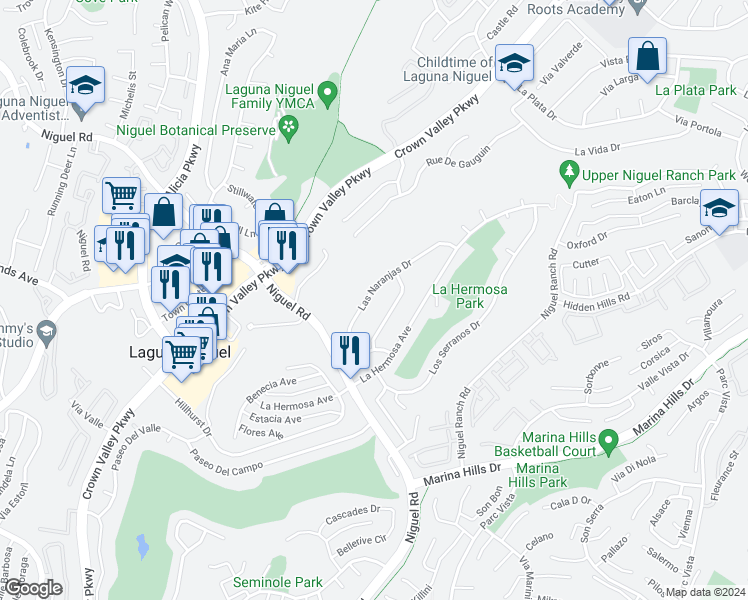 map of restaurants, bars, coffee shops, grocery stores, and more near 24216 Las Naranjas Drive in Laguna Niguel