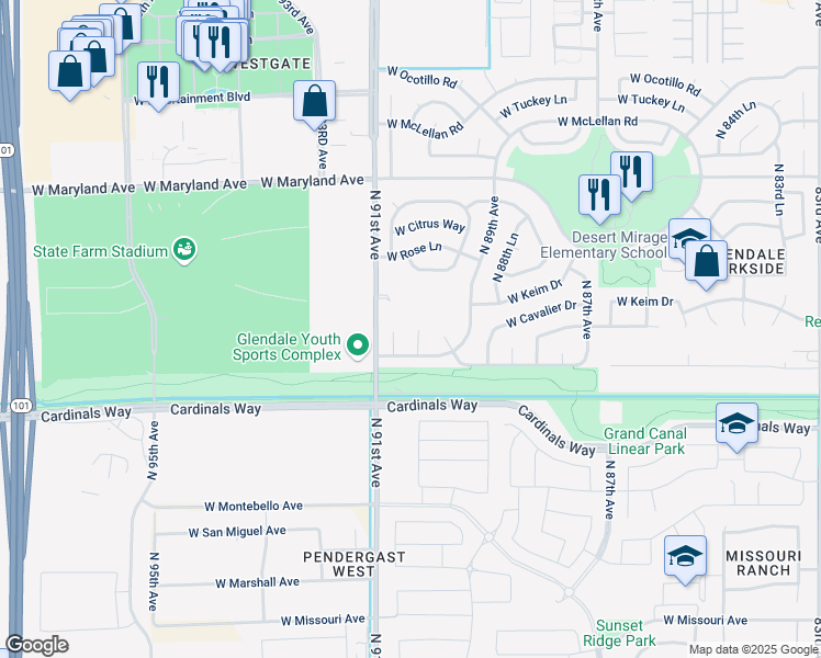 map of restaurants, bars, coffee shops, grocery stores, and more near 9008 West Rovey Avenue in Glendale