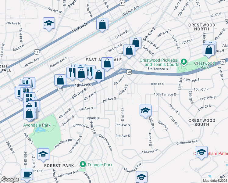 map of restaurants, bars, coffee shops, grocery stores, and more near 4700 7th Avenue in Birmingham
