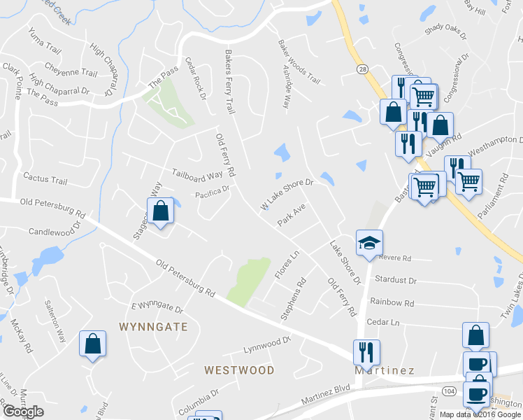map of restaurants, bars, coffee shops, grocery stores, and more near 303 West Lake Shore Drive in Augusta