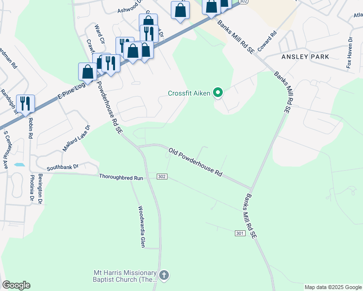 map of restaurants, bars, coffee shops, grocery stores, and more near 3037 Old Powderhouse Road in Aiken