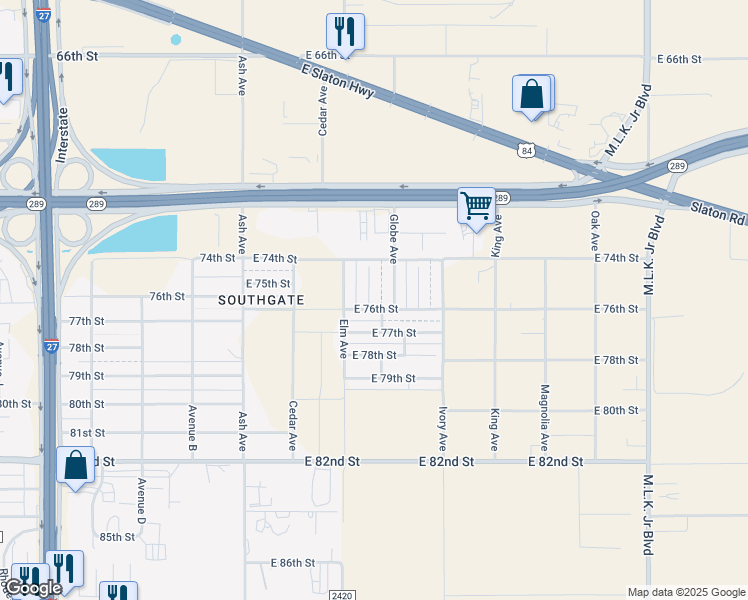 map of restaurants, bars, coffee shops, grocery stores, and more near 510 E 76th St in Lubbock