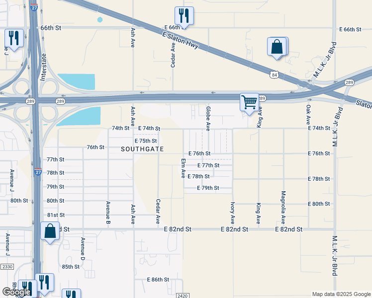 map of restaurants, bars, coffee shops, grocery stores, and more near 7417 Elm Avenue in Lubbock
