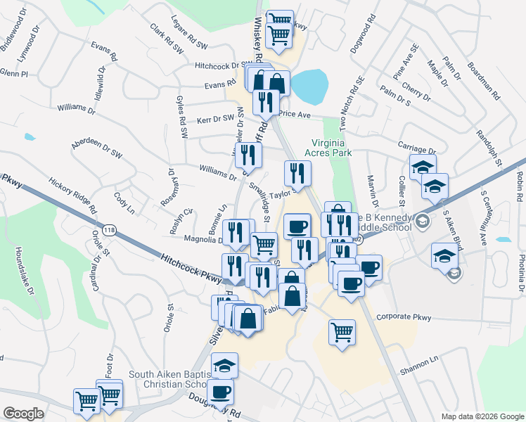 map of restaurants, bars, coffee shops, grocery stores, and more near 127 Taylor Street in Aiken
