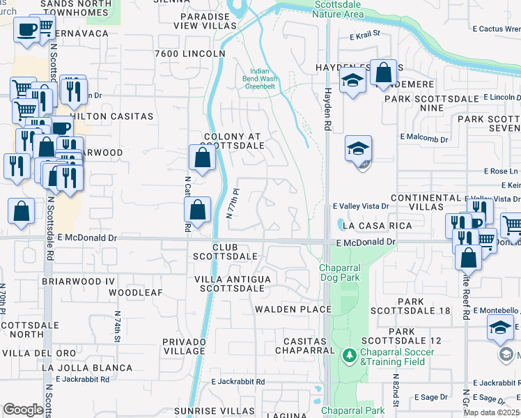 map of restaurants, bars, coffee shops, grocery stores, and more near 7758 East Rovey Avenue in Scottsdale