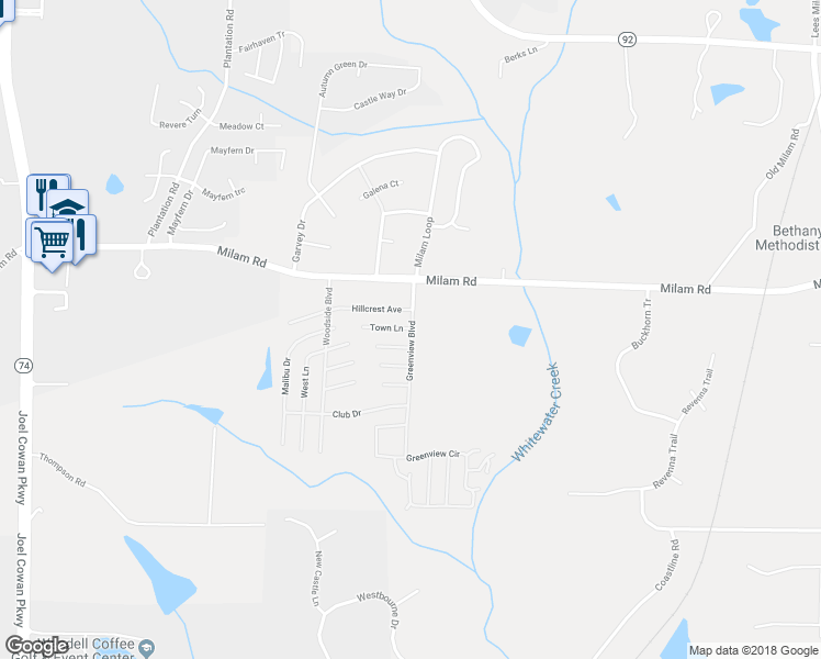 map of restaurants, bars, coffee shops, grocery stores, and more near 105 Town Lane in Fayetteville