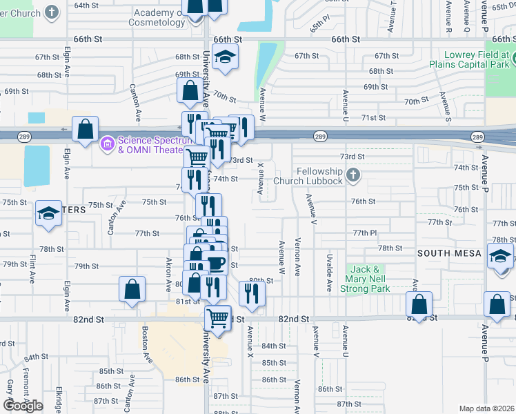 map of restaurants, bars, coffee shops, grocery stores, and more near 2315 77th Street in Lubbock