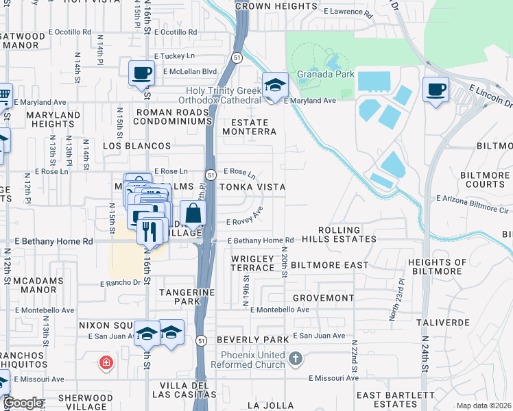map of restaurants, bars, coffee shops, grocery stores, and more near 1902 East Rovey Avenue in Phoenix