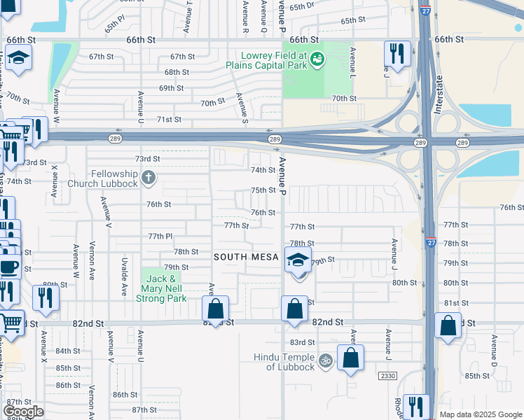 map of restaurants, bars, coffee shops, grocery stores, and more near 7514 Paris Avenue in Lubbock