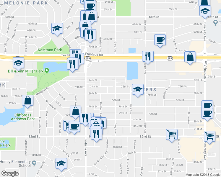 map of restaurants, bars, coffee shops, grocery stores, and more near 3205 75th Street in Lubbock