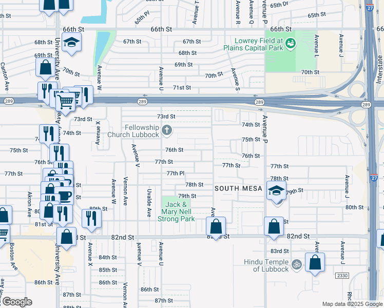 map of restaurants, bars, coffee shops, grocery stores, and more near 1913 77th Street in Lubbock
