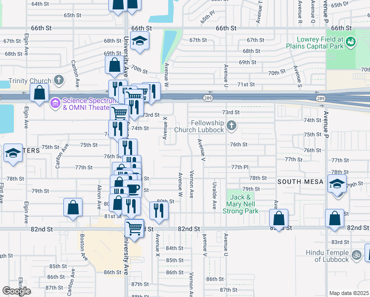 map of restaurants, bars, coffee shops, grocery stores, and more near 7702 Vernon Avenue in Lubbock