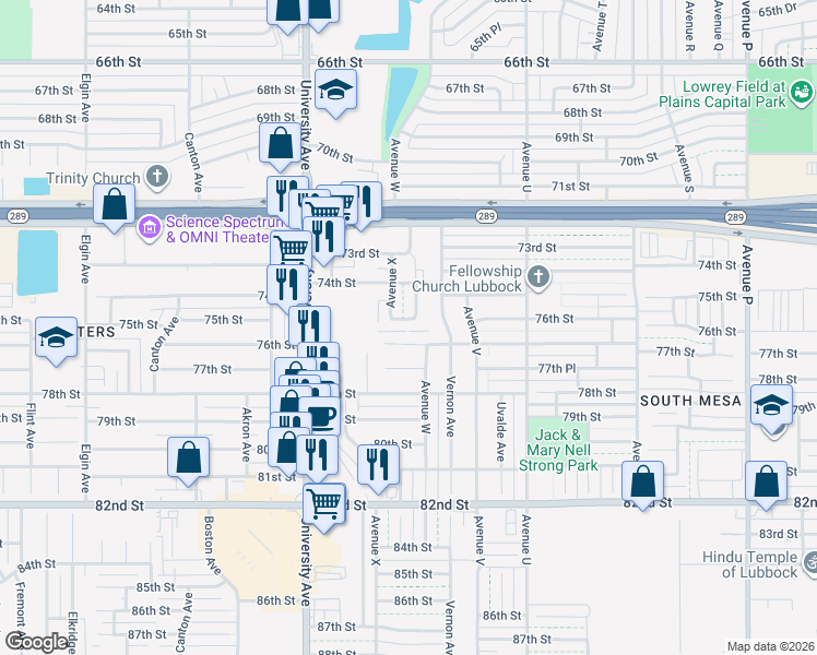 map of restaurants, bars, coffee shops, grocery stores, and more near 2315 77th Street in Lubbock