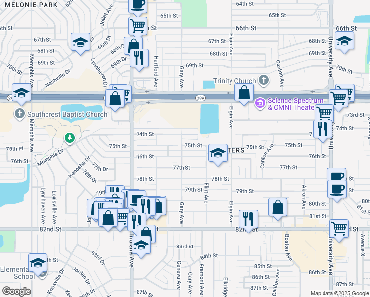 map of restaurants, bars, coffee shops, grocery stores, and more near 3112 76th Street in Lubbock