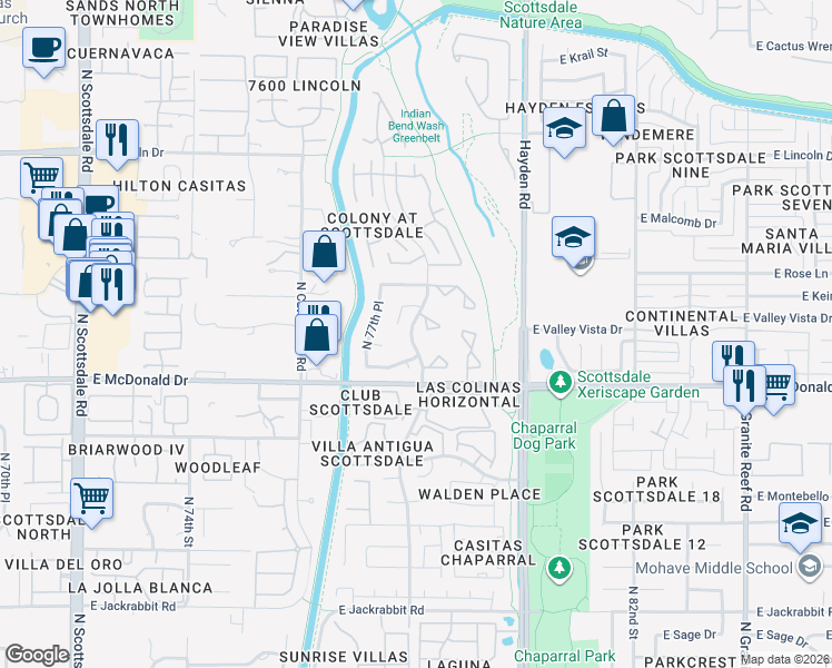 map of restaurants, bars, coffee shops, grocery stores, and more near 7758 East Rovey Avenue in Scottsdale