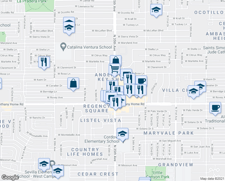 map of restaurants, bars, coffee shops, grocery stores, and more near in Phoenix