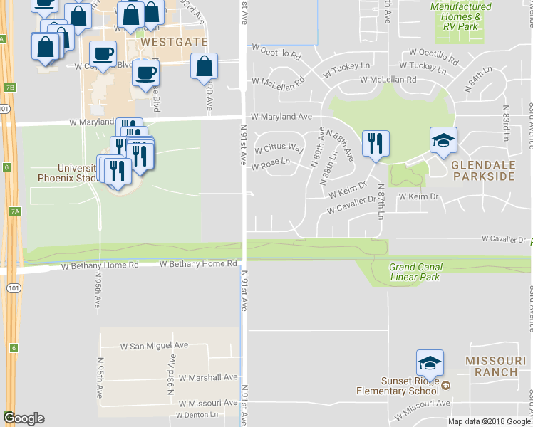 map of restaurants, bars, coffee shops, grocery stores, and more near 9008 West Rovey Avenue in Glendale