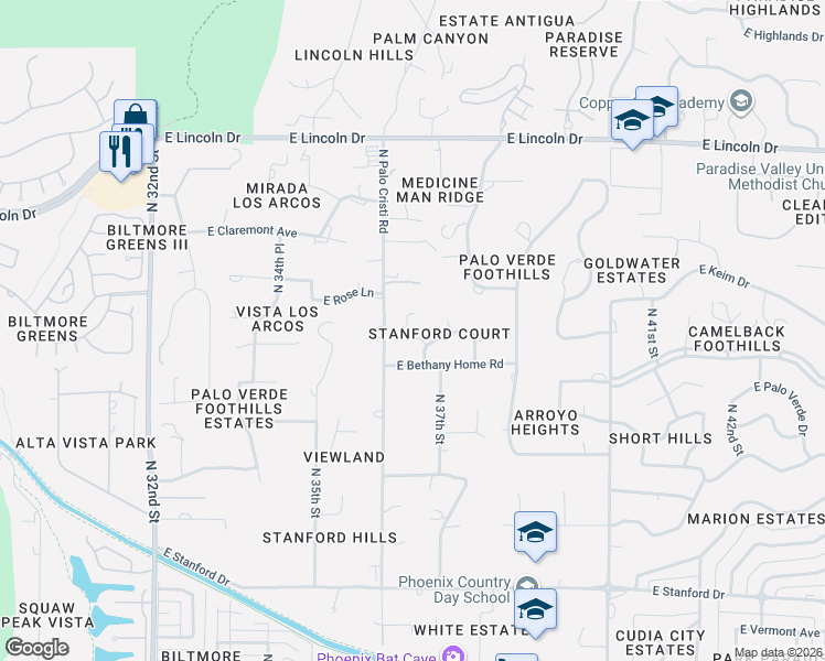 map of restaurants, bars, coffee shops, grocery stores, and more near 6005 North 36th Street in Paradise Valley