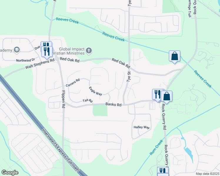 map of restaurants, bars, coffee shops, grocery stores, and more near 264 Eagle Way in Stockbridge