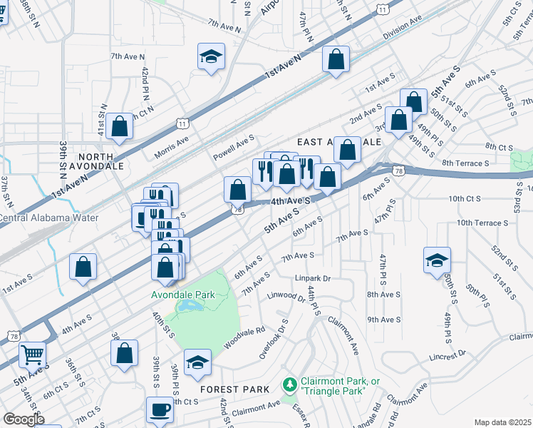 map of restaurants, bars, coffee shops, grocery stores, and more near in Birmingham