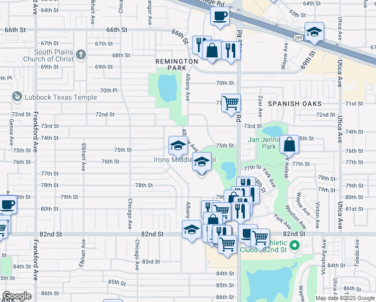 map of restaurants, bars, coffee shops, grocery stores, and more near 7508 Albany Avenue in Lubbock