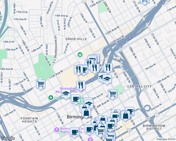 map of restaurants, bars, coffee shops, grocery stores, and more near 2221 Richard Arrington Junior Boulevard North in Birmingham