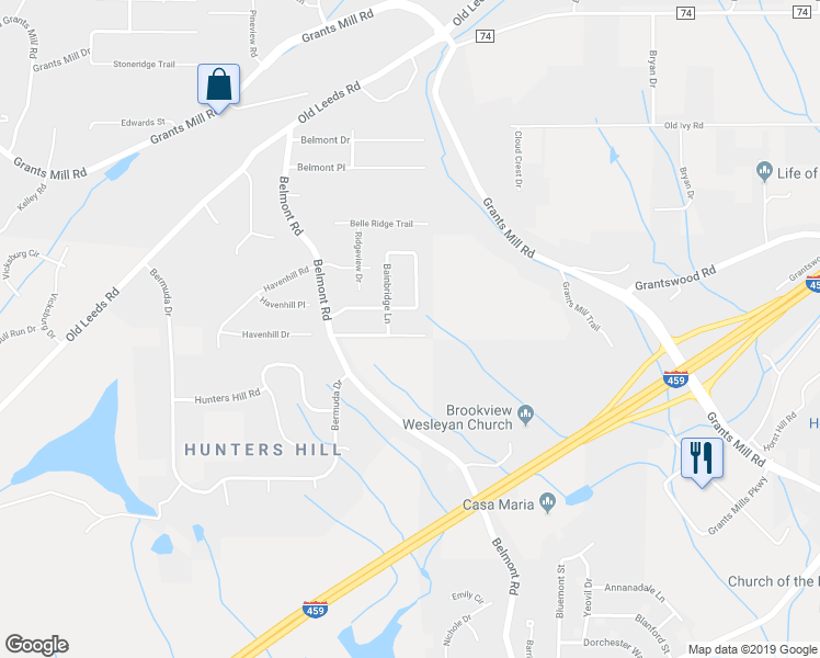 map of restaurants, bars, coffee shops, grocery stores, and more near 3764 Bainbridge Trace Drive in Birmingham