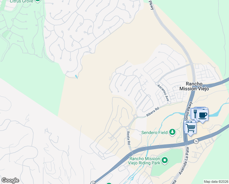 map of restaurants, bars, coffee shops, grocery stores, and more near 3 Lindura Street in Ladera Ranch