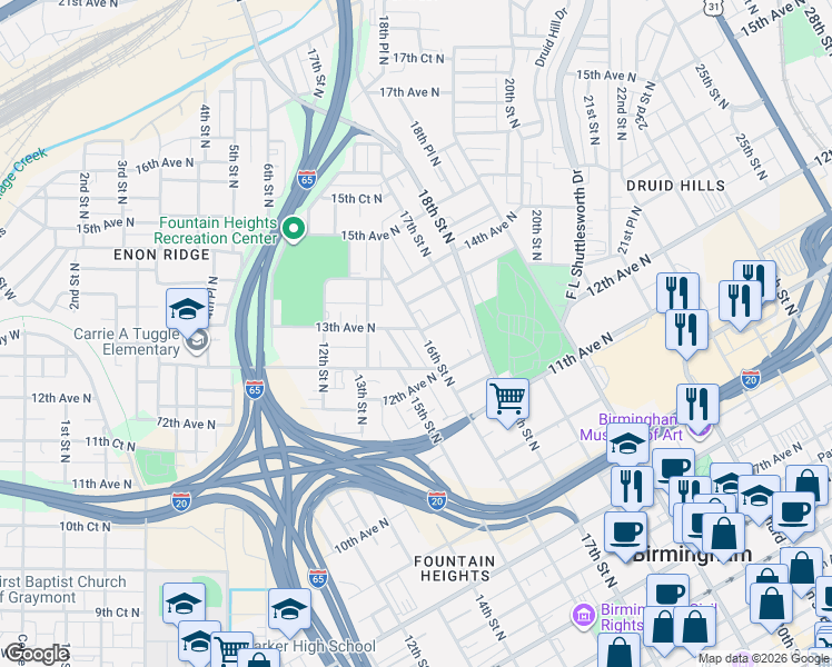 map of restaurants, bars, coffee shops, grocery stores, and more near 1209 15th Street North in Birmingham