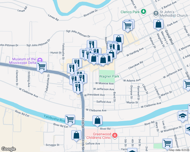 map of restaurants, bars, coffee shops, grocery stores, and more near 503 Wagner Street in Greenwood