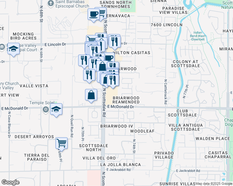map of restaurants, bars, coffee shops, grocery stores, and more near 7301 East Solcito Lane in Scottsdale