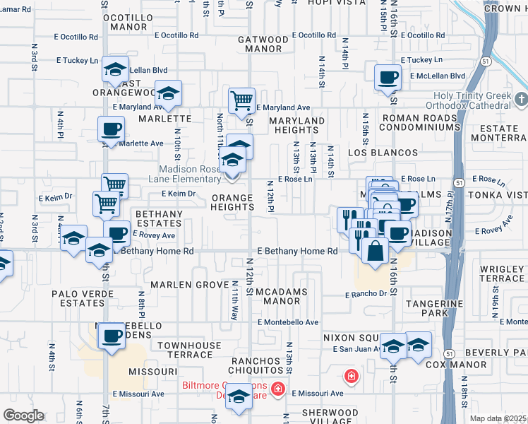 map of restaurants, bars, coffee shops, grocery stores, and more near 1204 East Bethany Home Road in Phoenix