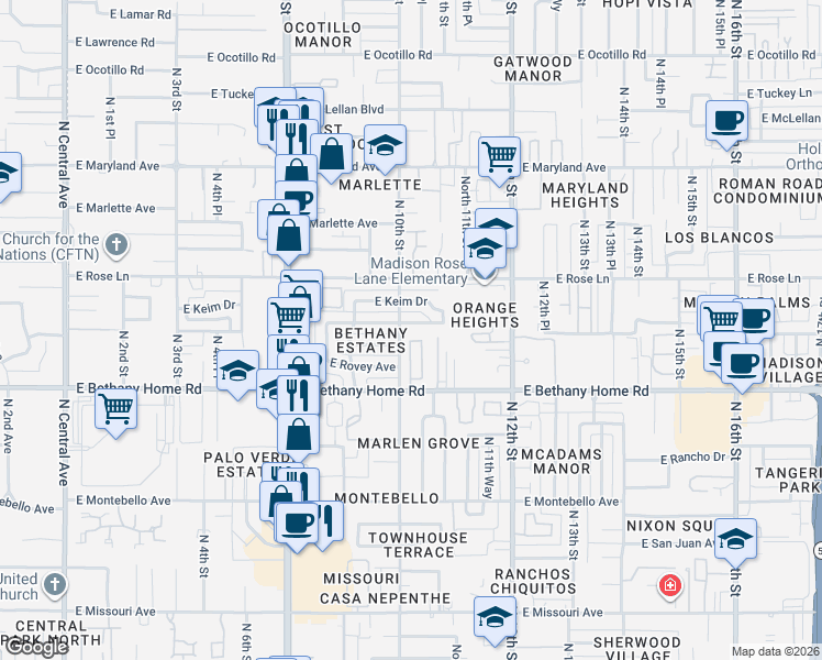 map of restaurants, bars, coffee shops, grocery stores, and more near 6033 North 10th Street in Phoenix