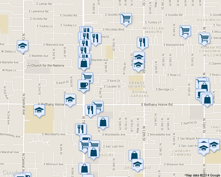 map of restaurants, bars, coffee shops, grocery stores, and more near 6033 North 10th Street in Phoenix
